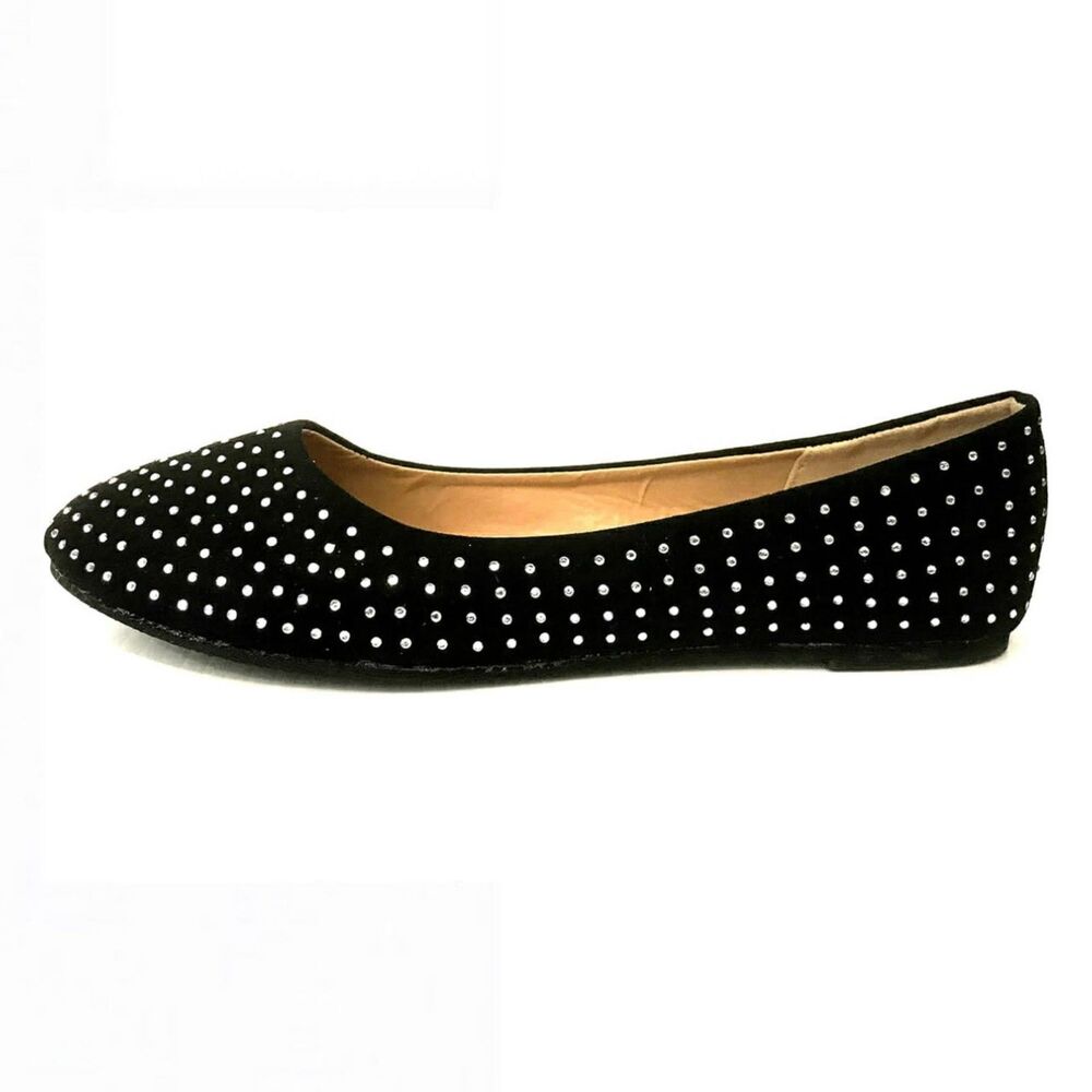 NEW Women's Faux Suede Rhinestone Ballet Flats Black Bling Dress Shoes Size 8